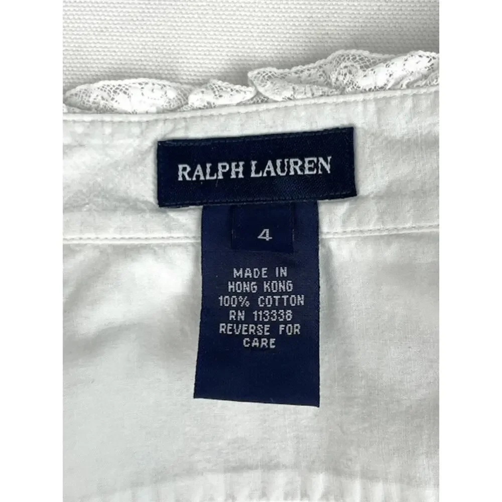 Vintage Ralph Lauren Girls 4 White Pintuck Lace Victorian Cotton Blouse Top